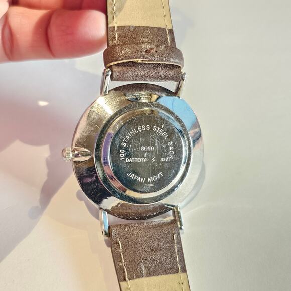 Women's Quartz Watch White Dial Brown Faux Leather Band Silver Case 40mm - Picture 10 of 12